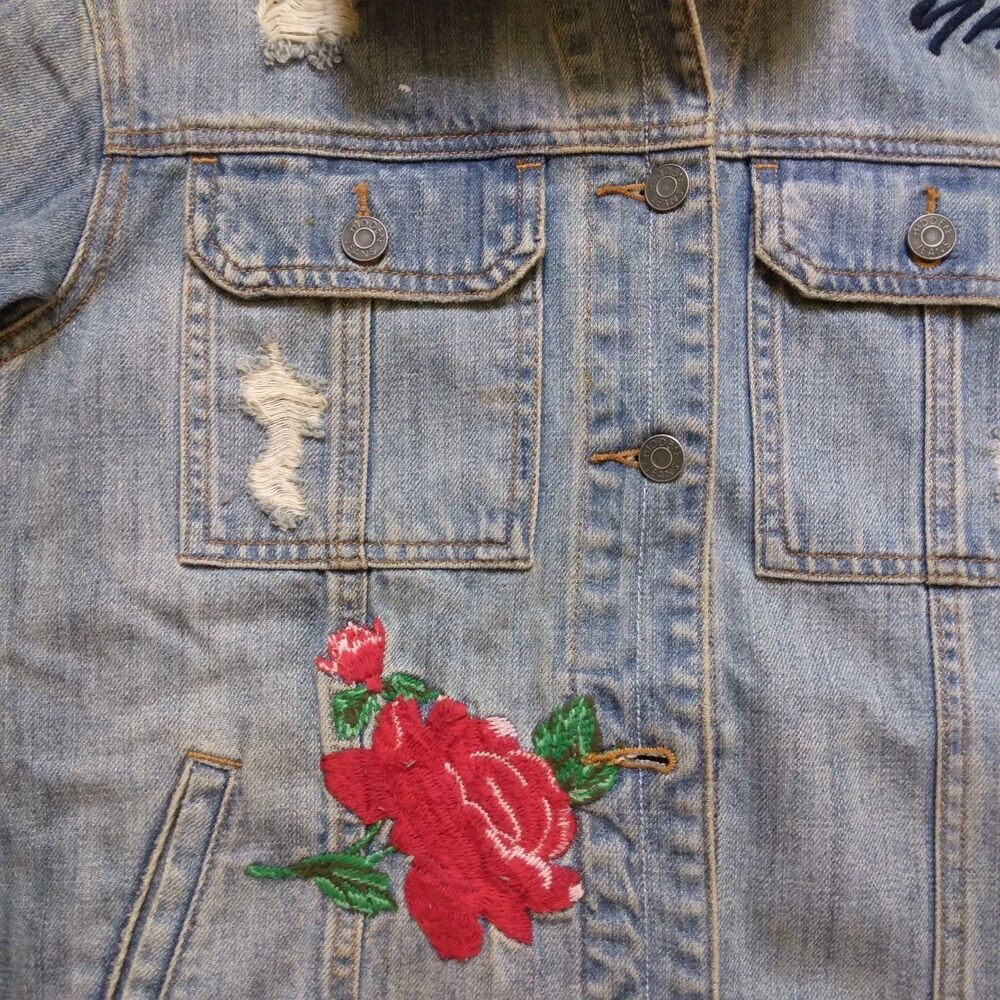Hidden Embroidered Distressed Denim Jean Jacket Grunge Y2K Women's Size XS - Picture 7 of 16